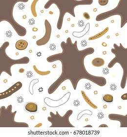 Ornamental composition based on the shaman costume of the peoples of Siberia. Seamless pattern in ocher-brown tones with the image of a totemic animal - lynx and solar symbols