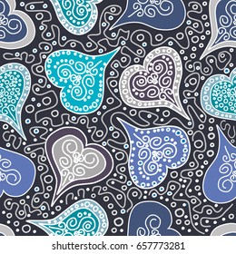 Ornamental composition with blue hearts on a black background with silver patterns. 
Seamless pattern for fancy paper, covers candies, textiles