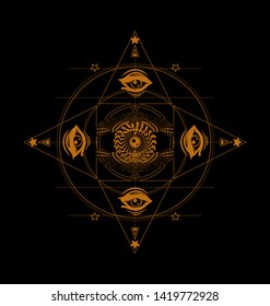 Ornamental composition with flying birds and all seeing eyes. Orange print on the black background. To be used for tattoo art, coloring book pages. Masonic symbol. Geometric mandala of circles. 