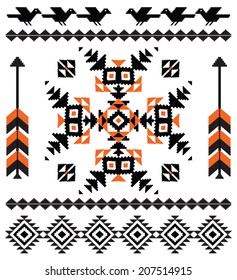 Ornamental composition in native american style with birds and arrows