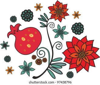 Ornamental composition  pomegranate branch on white background