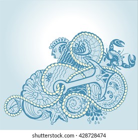 Ornamental corners  sea pattern, corner background with many details. Can be used for packaging,invitations, bag template. Isolated retro vector illustration.  Crab, starfish, seaweed, fishes, anchor