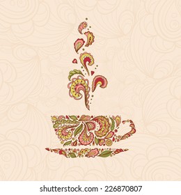 ornamental cup of coffee, tea. It can be used for card, postcard, cover, invitation, mothers day card, birthday card.