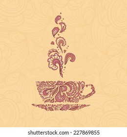 ornamental cup of coffee, tea. It can be used for card, postcard, cover, invitation, mothers day card, birthday card.