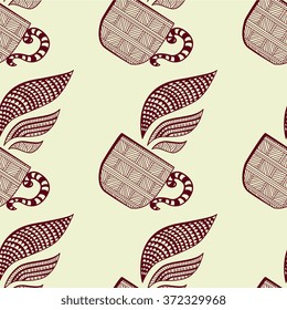 Ornamental  cup with steam. Seamless pattern. All elements are  cropped, not hidden under mask.   Background, wrapper, textile, cover, wallpaper., fabric 