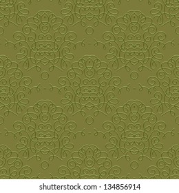 Ornamental curly pattern with damask motif in olive green color, seamless vector background. Texture for web, print, textile, wallpaper, vintage decor, elegant invitation. Concept of history, heritage