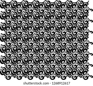 Ornamental curvy elements in close fitting, tight, monochrome pattern