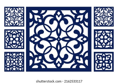 Ornamental cutout panel templates set; square patterns for cutting and printing.