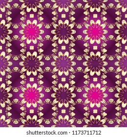 Ornamental damask classic golden pattern. Vector illustration. Golden ornamental pattern on purple, white and brown colors with golden elements. Vector abstract background with repeating elements.