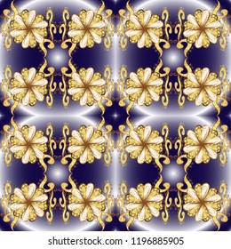 Ornamental damask classic golden pattern. Vector illustration. Golden ornamental pattern on yellow, blue and neutral colors with golden elements. Vector abstract background with repeating elements.