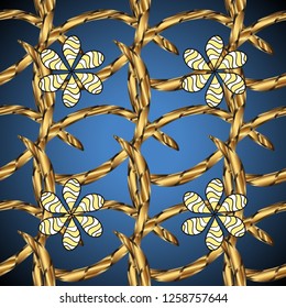 Ornamental damask classic golden pattern. Vector illustration. Vector abstract background with repeating elements. Golden ornamental pattern on blue, brown and yellow colors with golden elements.