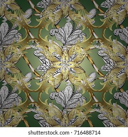 Ornamental damask classic white and golden pattern. Vector abstract background with repeating elements. Golden pattern on white, neutral and green colors with golden elements.