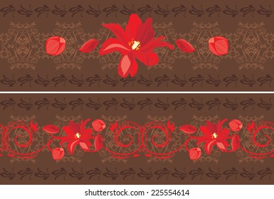 Ornamental dark brown borders with red tulips. Vector
