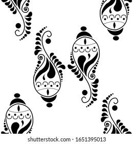 Zierschmuck aus Rangoli mit Blütenblättern und Spiralen ist in einem nahtlosen Muster