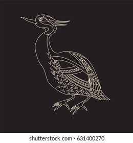 Ornamental decorative abstract bird, isolated on black.