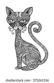 Ornamental decorative cat. Hand drawing illustration.