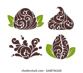 Ornamental decorative chocolate symbol icons set. Emblem cocoa bean, chocolate candy, cream, splash color vector illustration isolated on white background