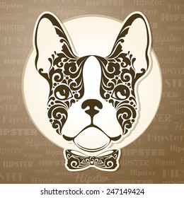 Ornamental decorative dog with bow tie. French Bulldog. Hipster vintage animal vector illustration