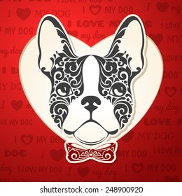 Ornamental decorative dog with bow tie. French Bulldog. I love my dog Vintage animal vector illustration