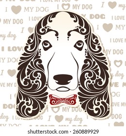 Ornamental decorative dog with bow tie. Basset Hound. I love my dog Vintage animal vector illustration
