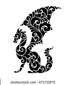 Ornamental decorative dragon icon logo. Vector black and white illustration isolated on white background