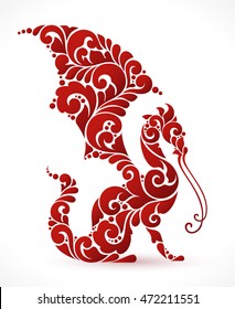 Ornamental decorative dragon icon logo. Vector red fire mythical animal illustration isolated on white background