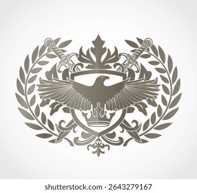 ornamental decorative eagle heraldry shield with crown swords and laurel wreath