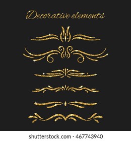 Ornamental decorative elements. Gold text dividers set. Vector ornate design. Golden flourishes. Shiny decorative hand drawn borders with glitter effect. Calligraphic decorations with sparkles.