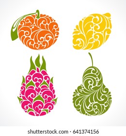 Iconos decorativos ornamentales de símbolo de frutas. Ilustración vectorial de color naranja emblema, fruta dragón, pera, limón aislada sobre fondo blanco