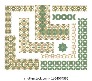 Ornamental decorative golden- green border ornaments,  frames on  white background