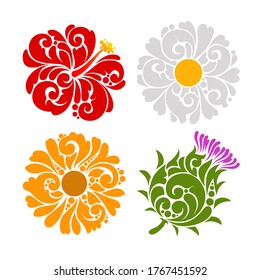 Ornamental decorative herbal symbol icons set. Emblem calendula flower, Milk thistle, hibiscus, chamomile color vector illustration isolated on white background