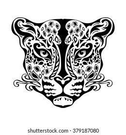 Ornamental decorative isolated black jaguar's muzzle on a white background.  Can be used for t-shirt, poster, tattoo, textile,  element for card design. Hand drawn vector illustration