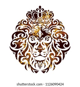 Ornamental decorative isolated golden lion with a crown on a white background. Can be used for t-shirt, poster, tattoo, textile, element for card design. Hand drawn vector illustration