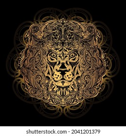 Ornamental decorative isolated golden lion on a black background. Can be used for t-shirt, poster, tattoo, textile, element for card design. Hand drawn vector illustration