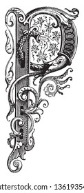 An ornamental and decorative letter P, vintage line drawing or engraving illustration