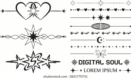 Ornamental decorative line art elements with stars hearts and celestial motifs arranged on white background showcasing creative digital design and artistic mood