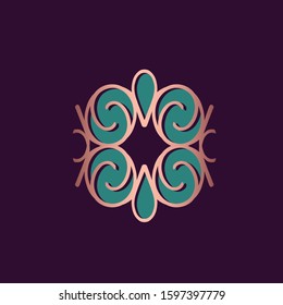 Ornamental decorative logo.Abstract icon with organic elements isolated on dark background.Rose gold metallic shape.Elegant spirals design.Antique, vintage style pattern.Creative wire frame.