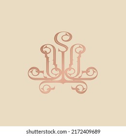 Ornamental decorative logo.Abstract icon with ornate elements isolated on dlight background.Rose gold metallic line.Elegant spirals design.Antique, vintage, royal style pattern.Creative wire frame.