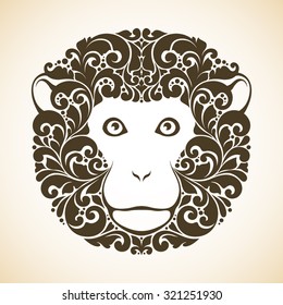 Ornamental decorative monkey. Monkey pattern face isolated vector illustration. Animal graphic art. Red monkey - symbol of 2016