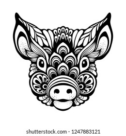 Ornamental decorative pig silhouette. Beautiful pattern pig vector illustration, black and white graphic, symbol 2019. Print, calendar design element