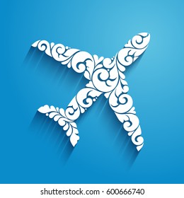 Ornamental decorative plane symbol, icon, design element. Vector Illustration