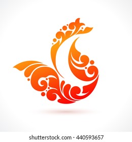 Ornamental decorative red fox with a long tail. Stylized Logo symbol fox. Abstract color vector illustration of a fox.