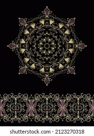 Ornamental decorative rosette - mandala, border ornament oriental indian style, on black background