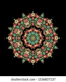 Ornamental decorative rosette - mandala with golden contour, on dark background