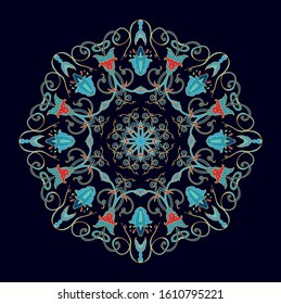 Ornamental decorative rosette - mandala, oriental indian style, on black background