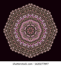 Ornamental decorative rosette - mandala, oriental indian style, on black background