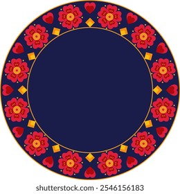 Ornamental decorative round frame with flowers and hearts. Circle frame with copy space. Template for printing cards, invitations, greeting, New year eve and festivals theme vector.