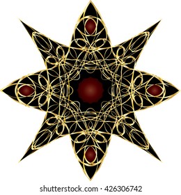 Ornamental decorative star shape with golden lace pattern or celtic knot, filigree style.