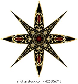 Ornamental decorative star shape with golden lace pattern or celtic knot, filigree style.