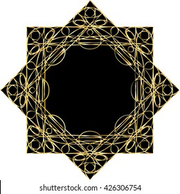 Ornamental decorative star shape with golden lace pattern or celtic knot, or arabian style arabesque frame, Ayyubid star, with copy space for text.